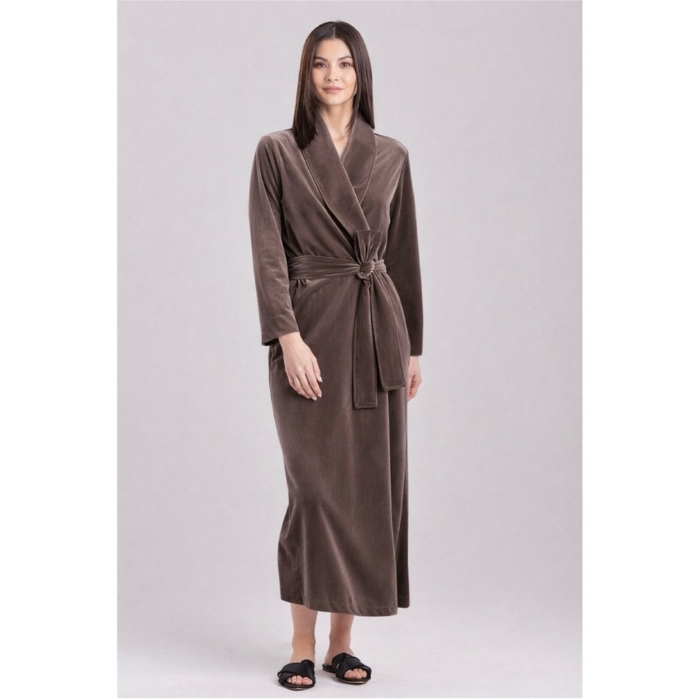 NATORI Natalie Velvet Bath Robe Mocha Taupe Women Intimates Shawl Collar & Tie L